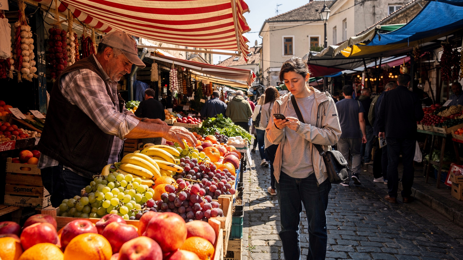 Een levendige straatmarkt in Skopje, Noord-Macedonië, met een lokale verkoper die vers fruit uitstalt onder een felgekleurde luifel. Een persoon staat in de menigte, geconcentreerd op een smartphone.