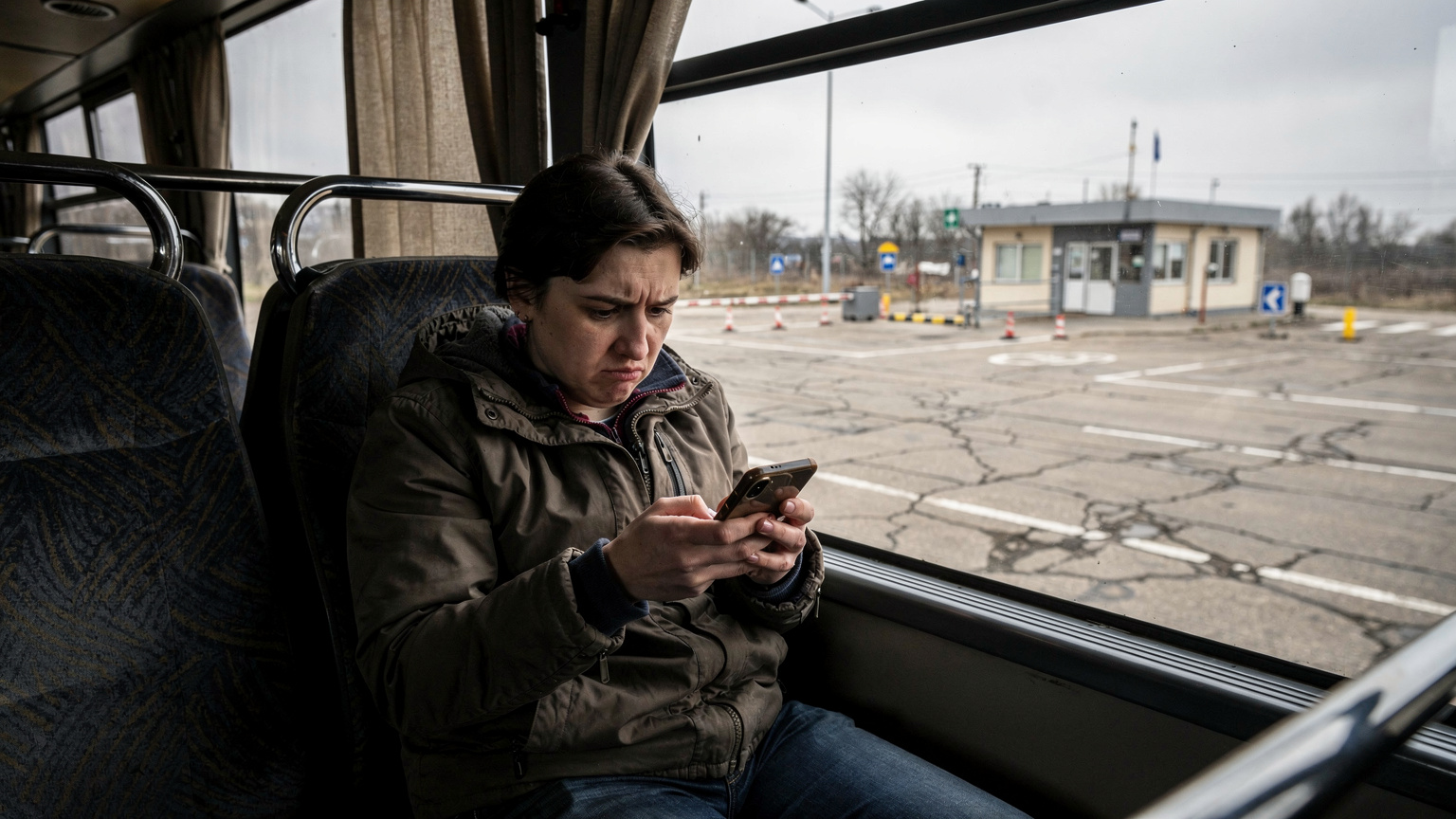Мандрівник перевіряє телефон на наявність сигналу під час перетину кордону на автобусі.