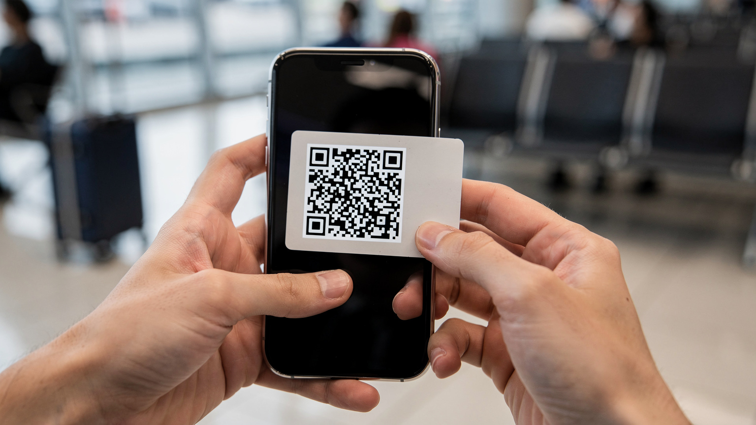 Мандрівник сканує QR-код eSIM на своєму смартфоні в аеропорту.