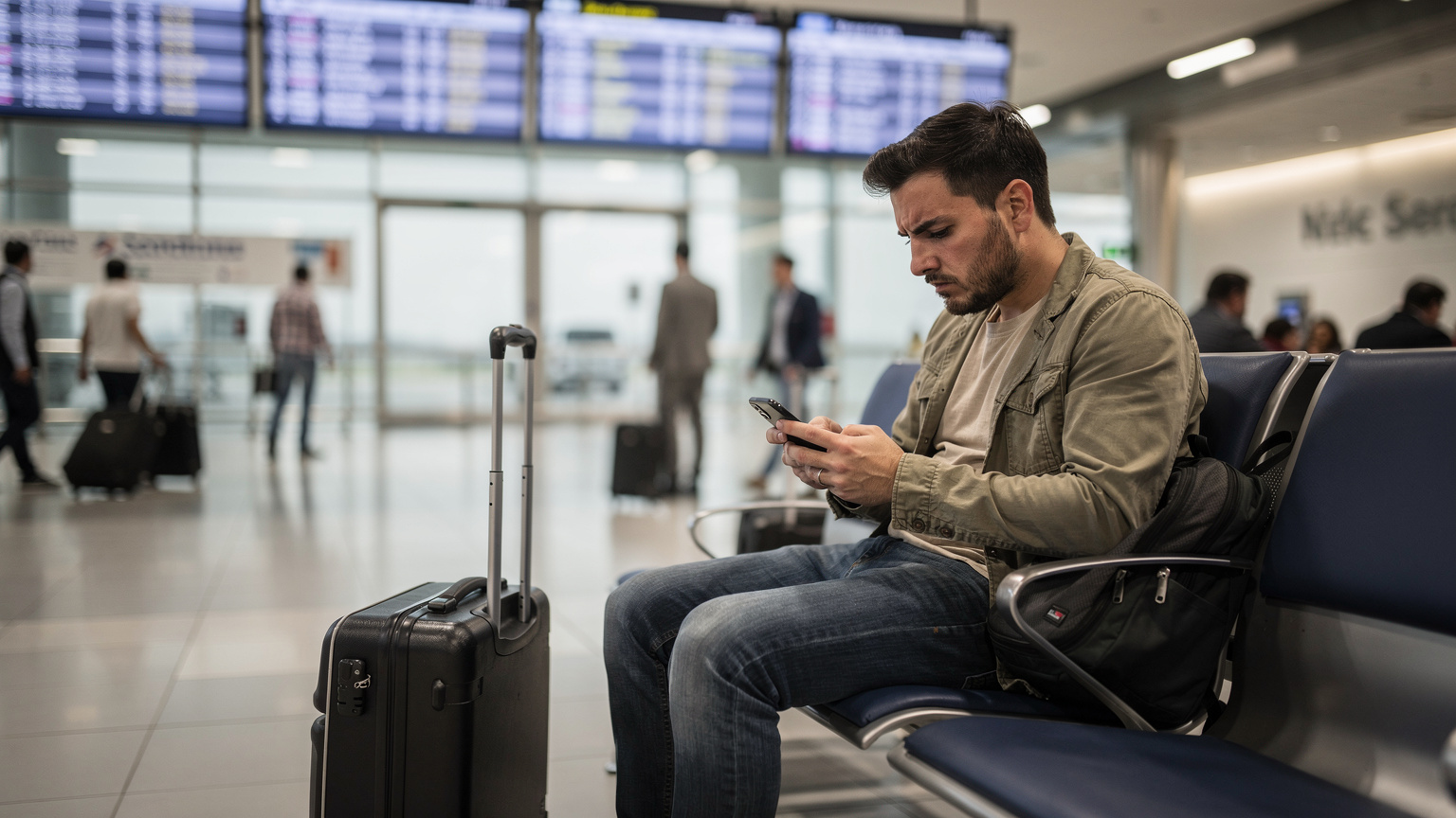 Um viajante frustrado em um aeroporto argentino, olhando para o celular sem sinal, com malas ao lado, simbolizando um problema de conectividade.