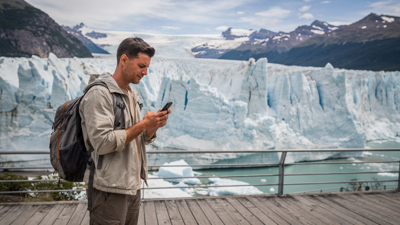 Um viajante verificando seu smartphone com um eSIM ativo, com o Glaciar Perito Moreno ao fundo, simbolizando conectividade em paisagens remotas.