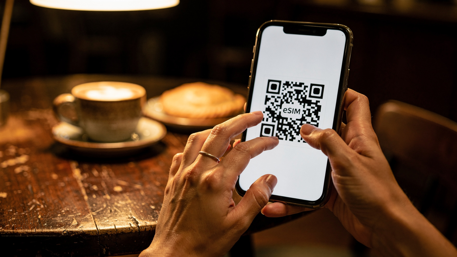 Mãos de um viajante ativando um eSIM em um smartphone, com uma tela de QR code, em um ambiente de café aconchegante em Buenos Aires.