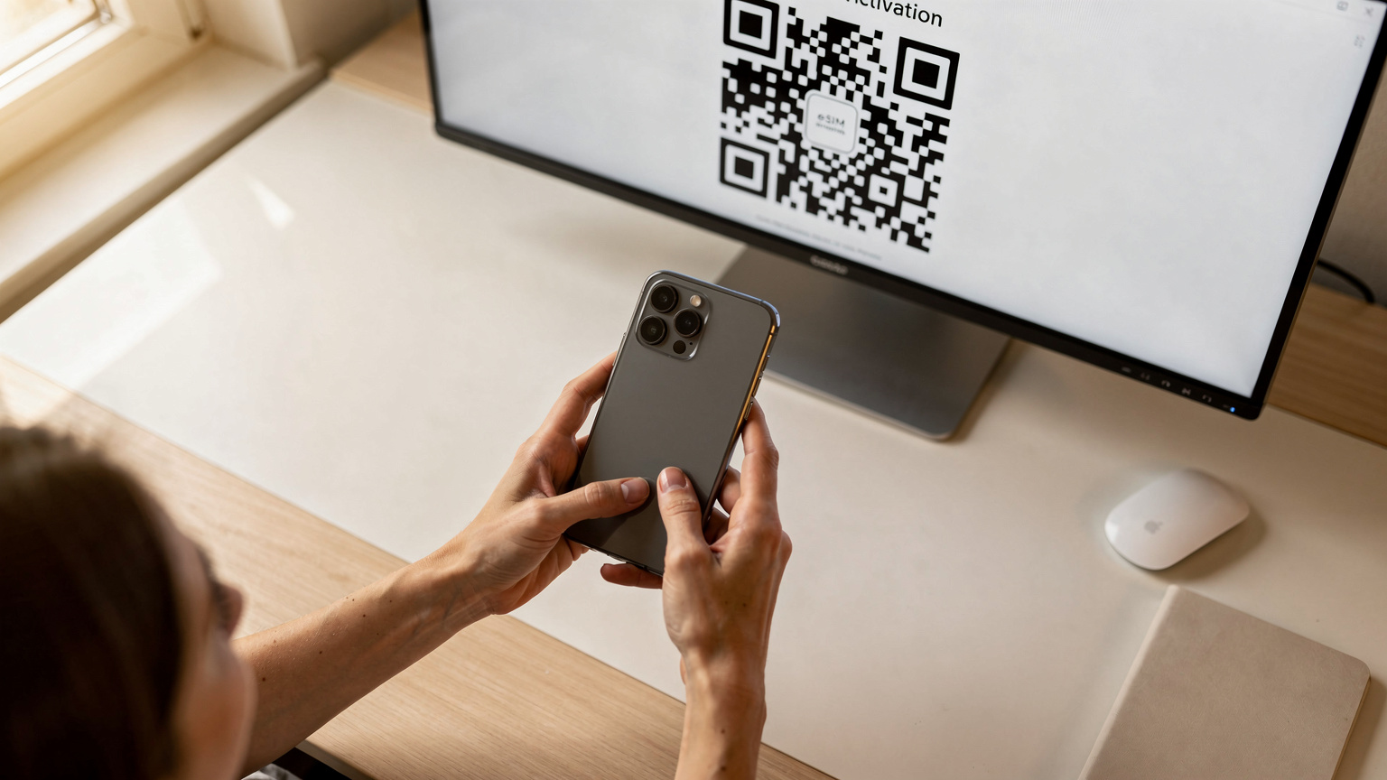 มือของผู้หญิงกำลังสแกน QR code บนหน้าจอคอมพิวเตอร์เพื่อเปิดใช้งาน eSIM ของ Cellesim