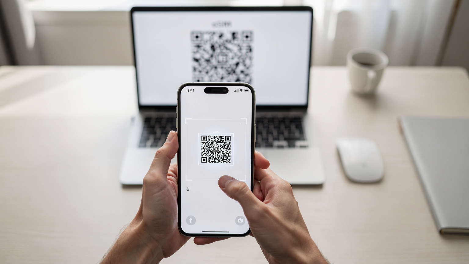 Một bàn tay đang cầm iPhone 17 và quét mã QR để cài đặt eSIM, với mã QR hiển thị trên màn hình laptop.
