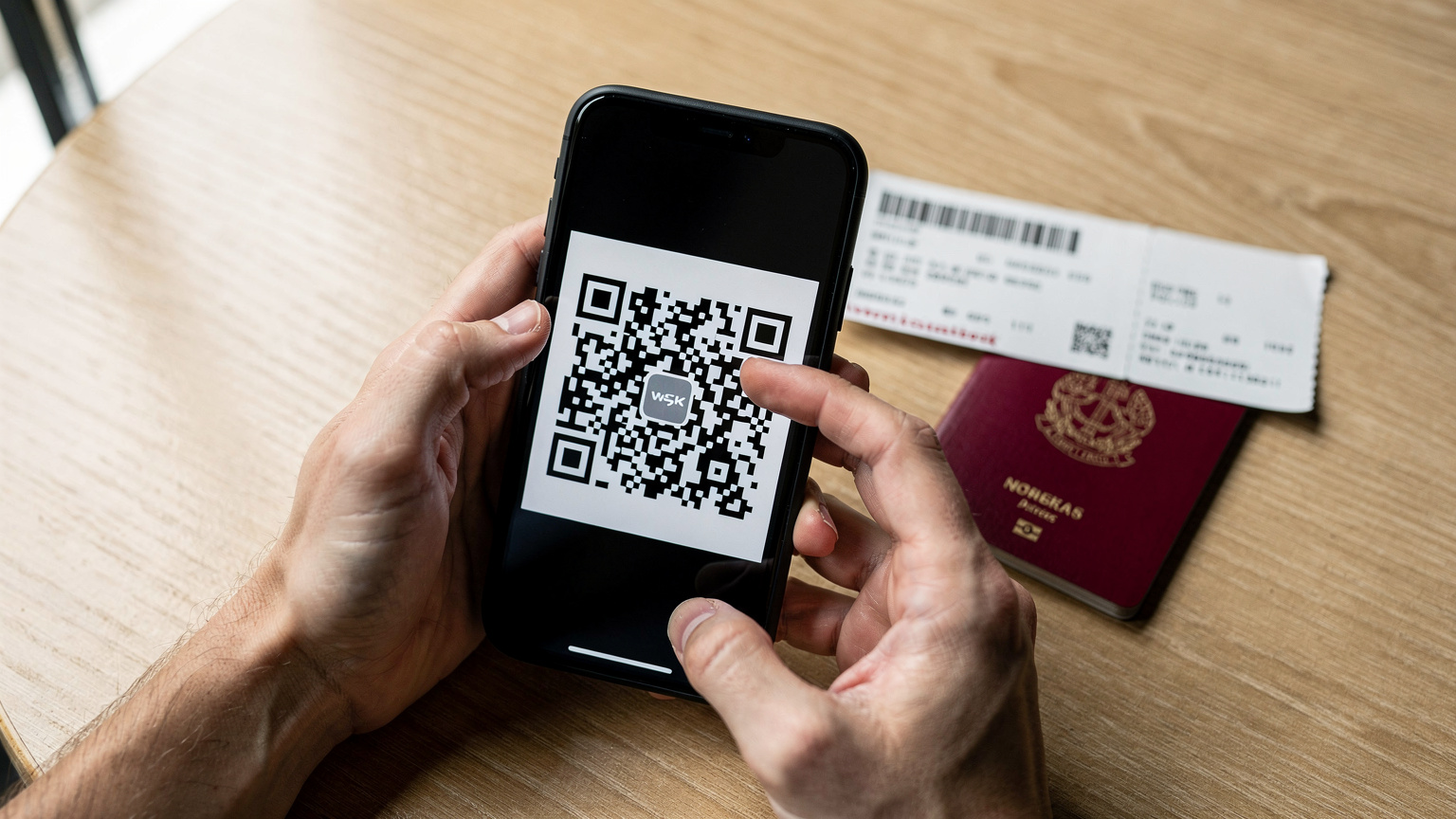 Nærbilde av hender som holder en smarttelefon med en QR-kode på skjermen, i ferd med å skanne en eSIM-aktiveringskode, med et pass og boardingkort liggende på en kafébord.