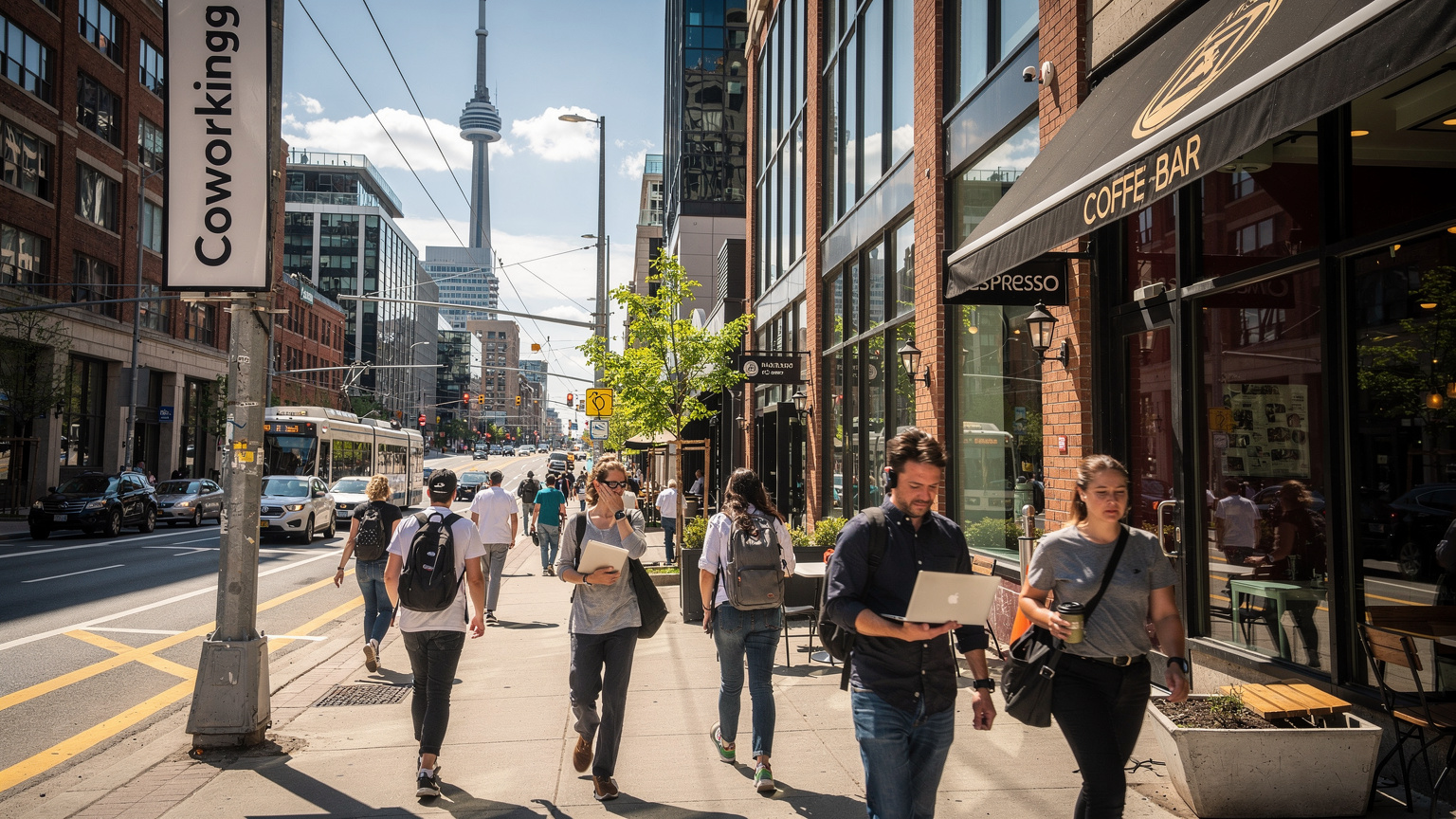 En travel gate i Toronto sentrum, med folk som går forbi en skilt for et co-working space og en kafé, som symboliserer tilgjengeligheten av nettverk.