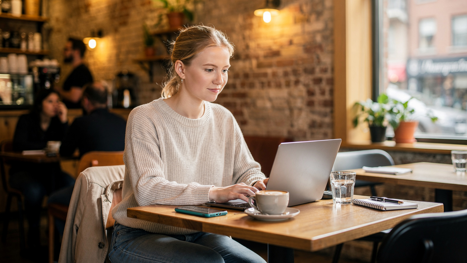 En nordmann sitter på en kafé i Toronto med en laptop og telefon, mens hun nyter en kaffe, symboliserer produktivitet og tilkobling på reise.