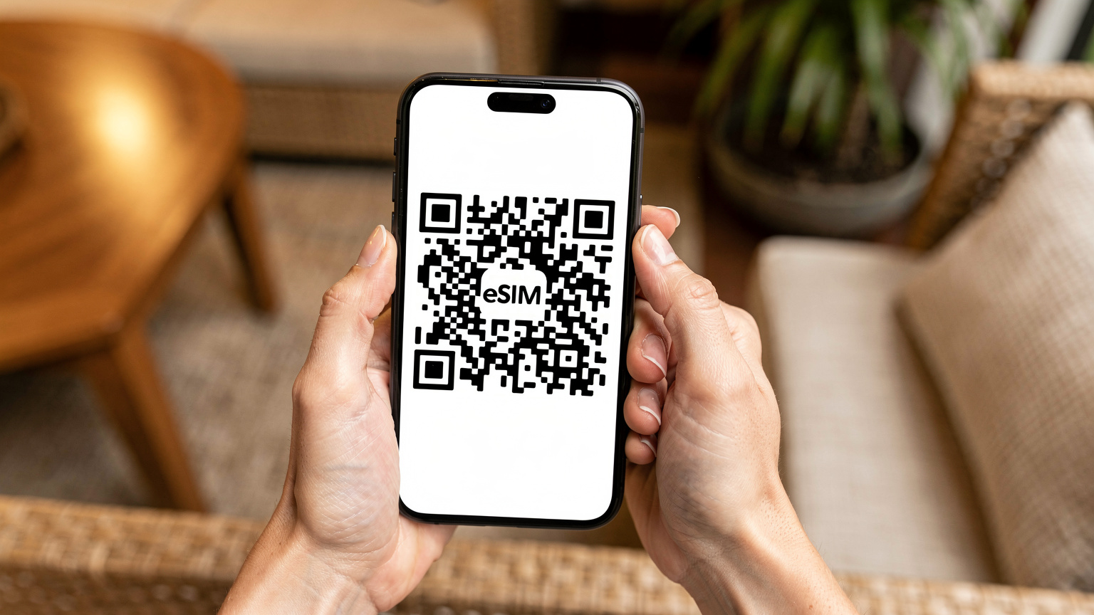 Крупный план рук, держащих смартфон, на экране которого виден QR-код для активации eSIM, на заднем плане сфокусировано уютное лобби отеля на Бали.