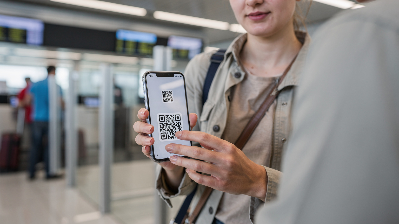 Eine junge Frau zeigt am Flughafen Istanbul ihr Handy mit dem QR-Code für die eSIM-Aktivierung, während sie in der Schlange zur Passkontrolle wartet.