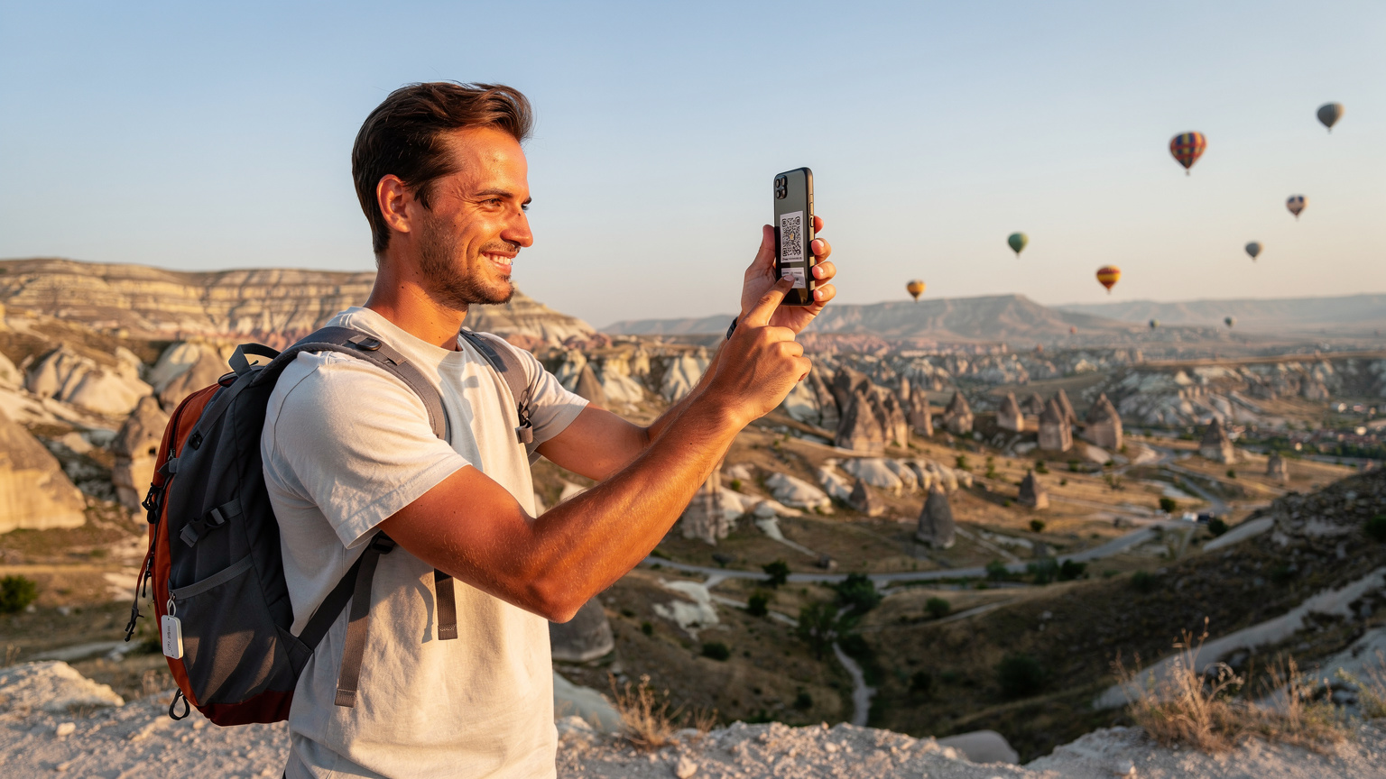 Ein Reisender hält sein Smartphone in die Höhe, um einen QR-Code für die eSIM-Aktivierung zu scannen, während er an einem sonnigen Ort in Kappadokien steht, mit Heißluftballons im Hintergrund.