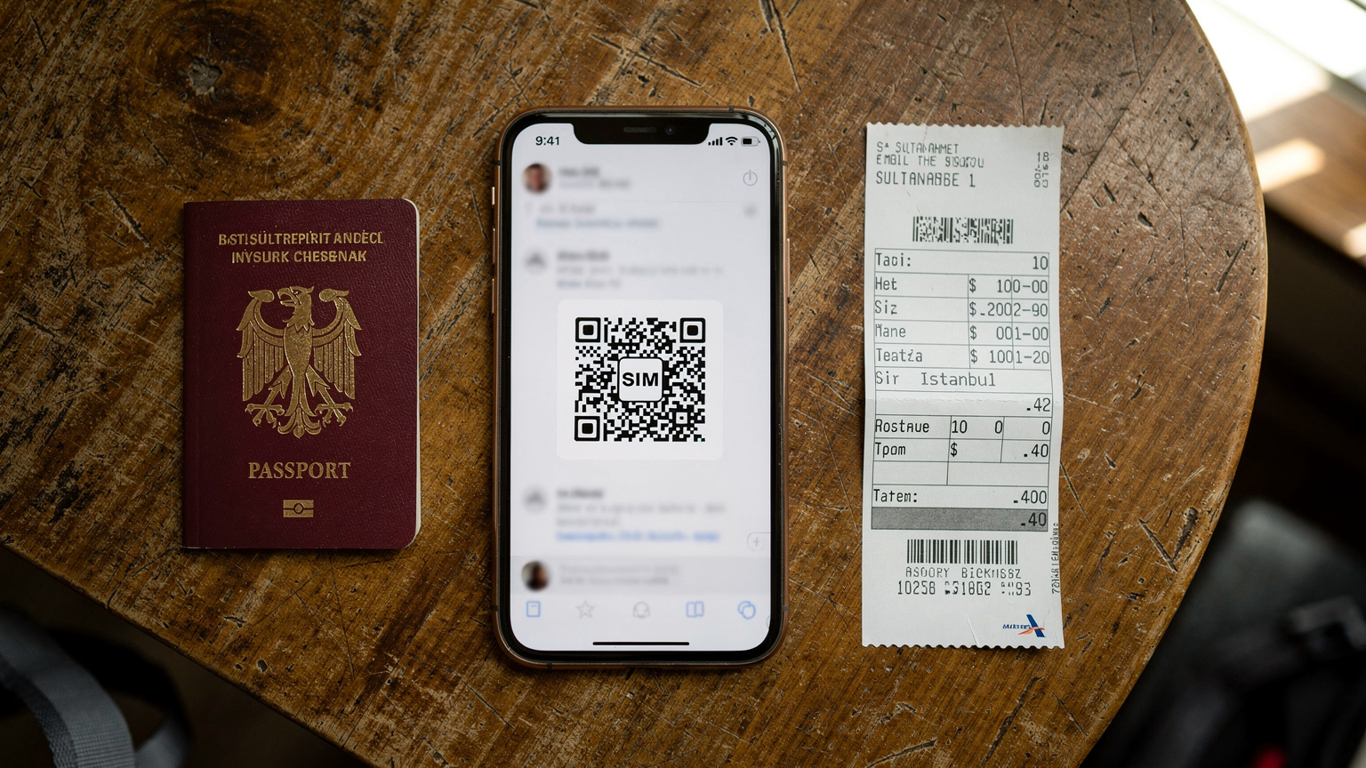 Nahaufnahme eines Smartphones, das eine E-Mail mit einem eSIM-QR-Code anzeigt, daneben ein Reisepass und ein Flugticket auf einem Tisch in einem Hostel in Istanbul.