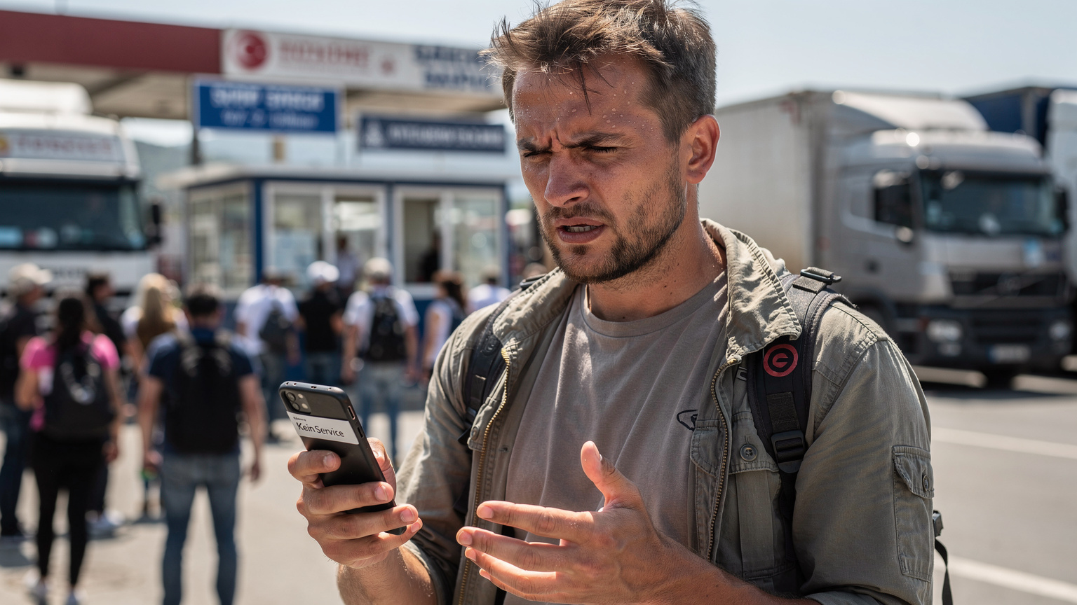 Ein Reisender, leicht gestresst, blickt auf sein Smartphone, das eine 'Kein Service'-Meldung anzeigt, während er an einem geschäftigen Grenzübergang zwischen der Türkei und Georgien steht.