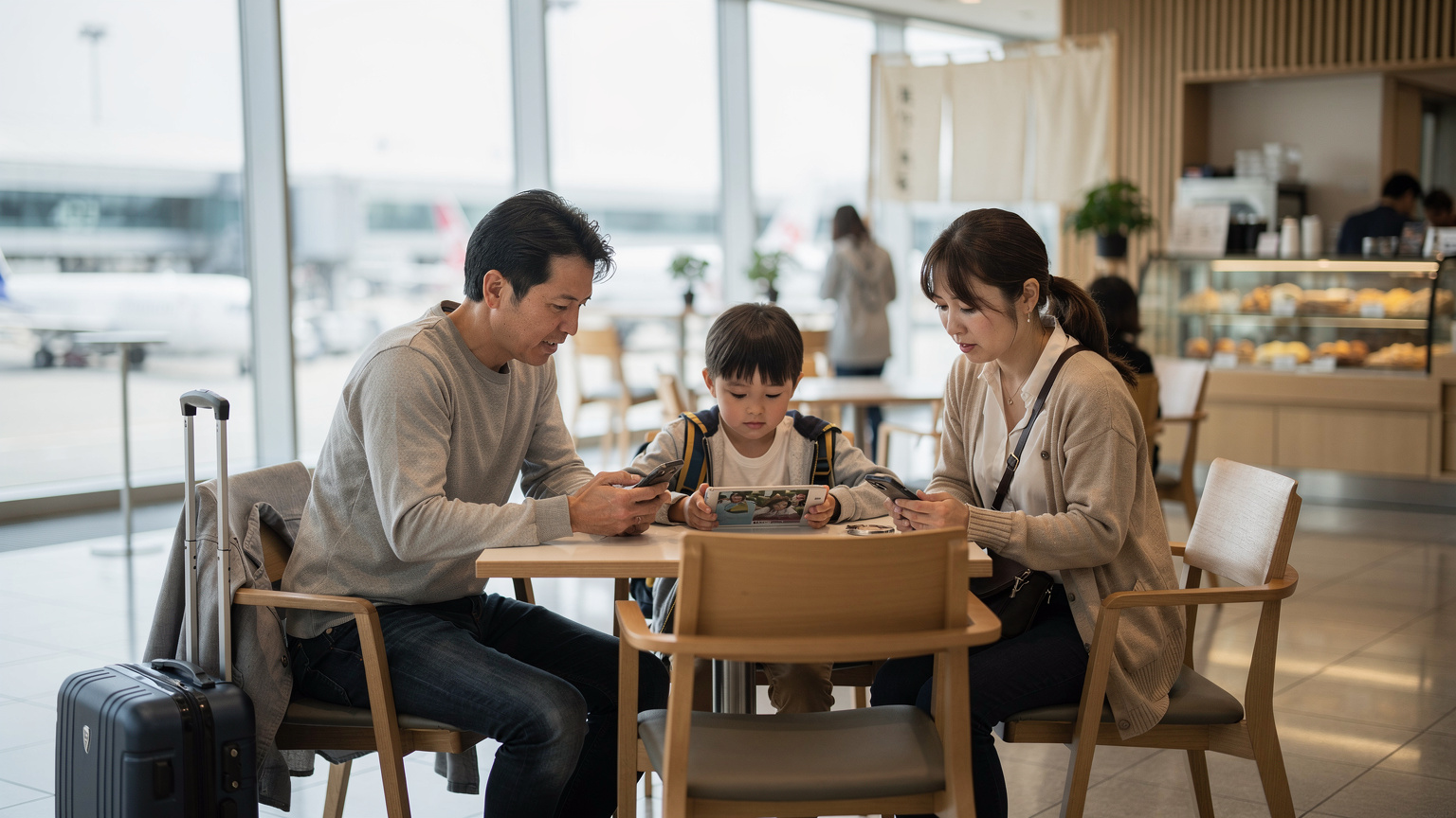 成田空港のカフェで、それぞれスマホとタブレットを使う家族。父親と母親はスマホを操作し、子供はタブレットで動画を見ている。