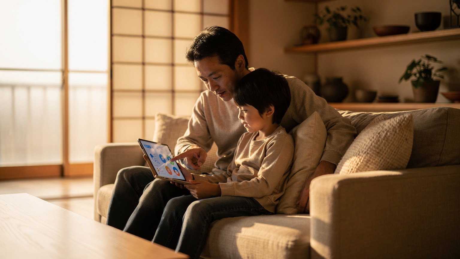 自宅のリビングで、父親が子供のタブレット画面を指差し、eSIMのデータ残量を示すアプリを見せている。家族がソファでくつろいでいる。