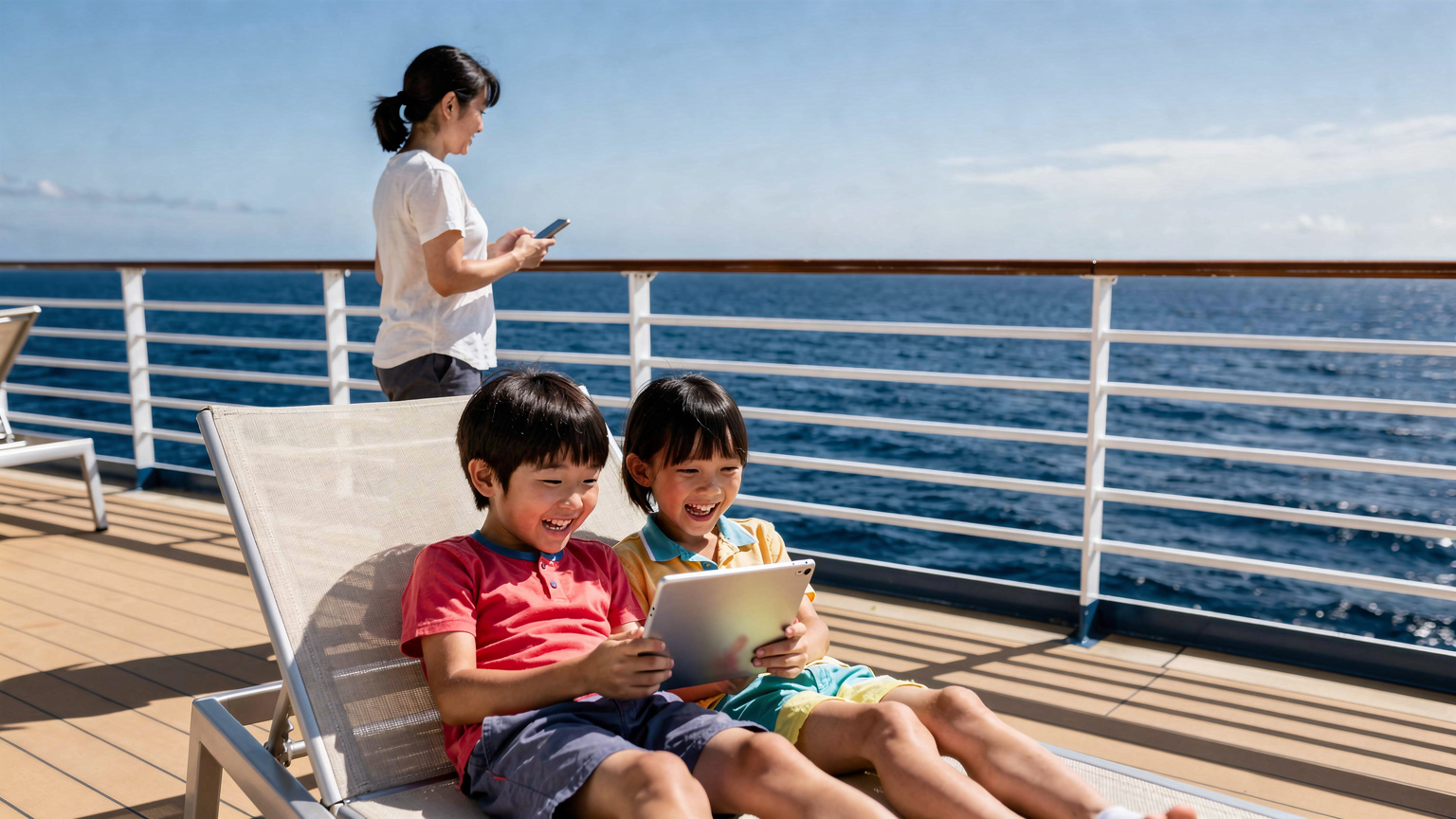 豪華客船のデッキで、子供たちがタブレットで楽しそうに動画を見ており、親がその奥で海を眺めながらスマホを操作している。