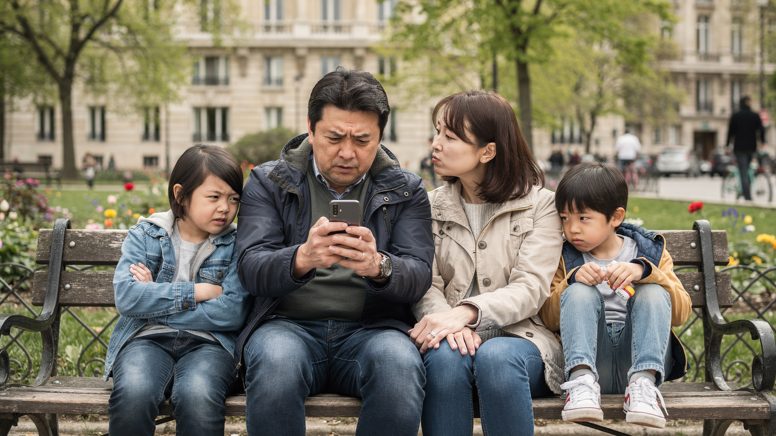 海外の公園のベンチで、父親がスマホを真剣な表情で見つめている。子供たちは不満げな顔で、母親も心配そうに父親を見ている。