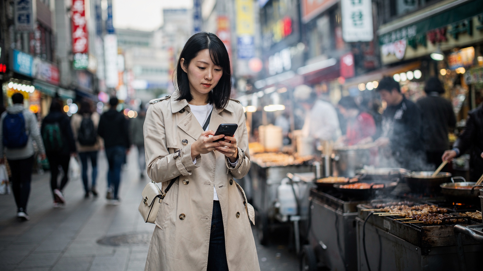 ソウルの明洞の活気ある通りで、スマートフォンを片手に地図アプリを確認している日本人旅行者の女性。