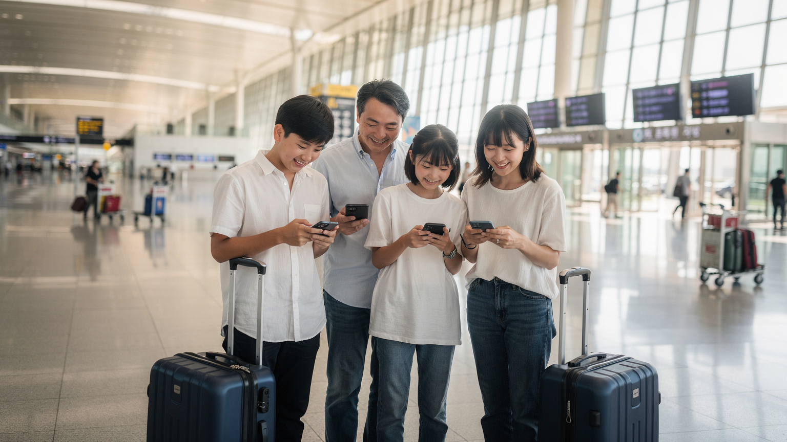 仁川国際空港の到着ロビーで、家族がスマートフォンの設定を確認し、笑顔で出発ゲートに向かう。