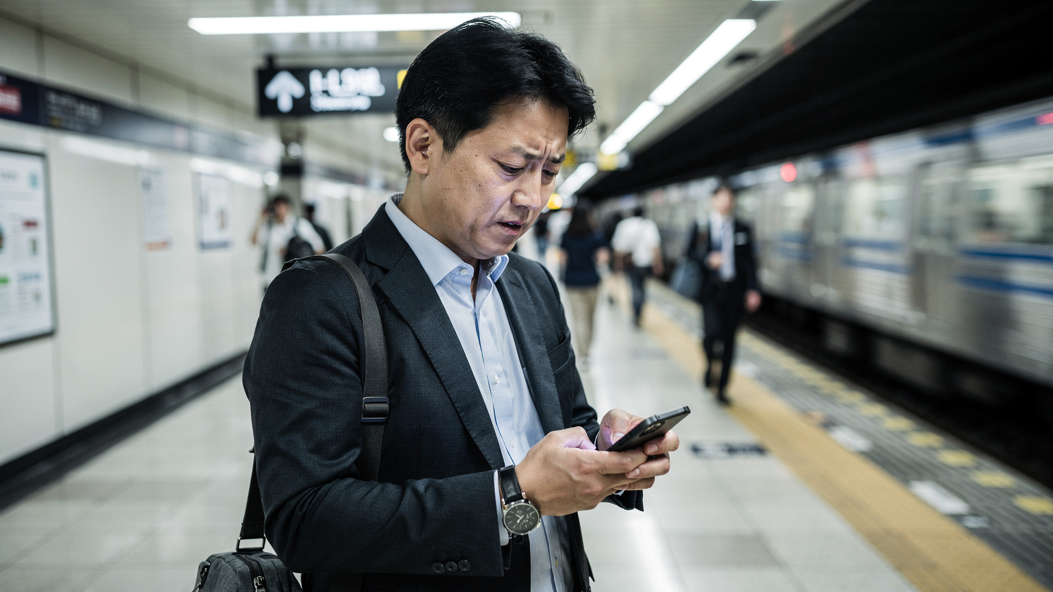 ソウルの地下鉄駅構内で、スマートフォンを操作して無料Wi-Fiに接続しようとする日本人ビジネスマン。