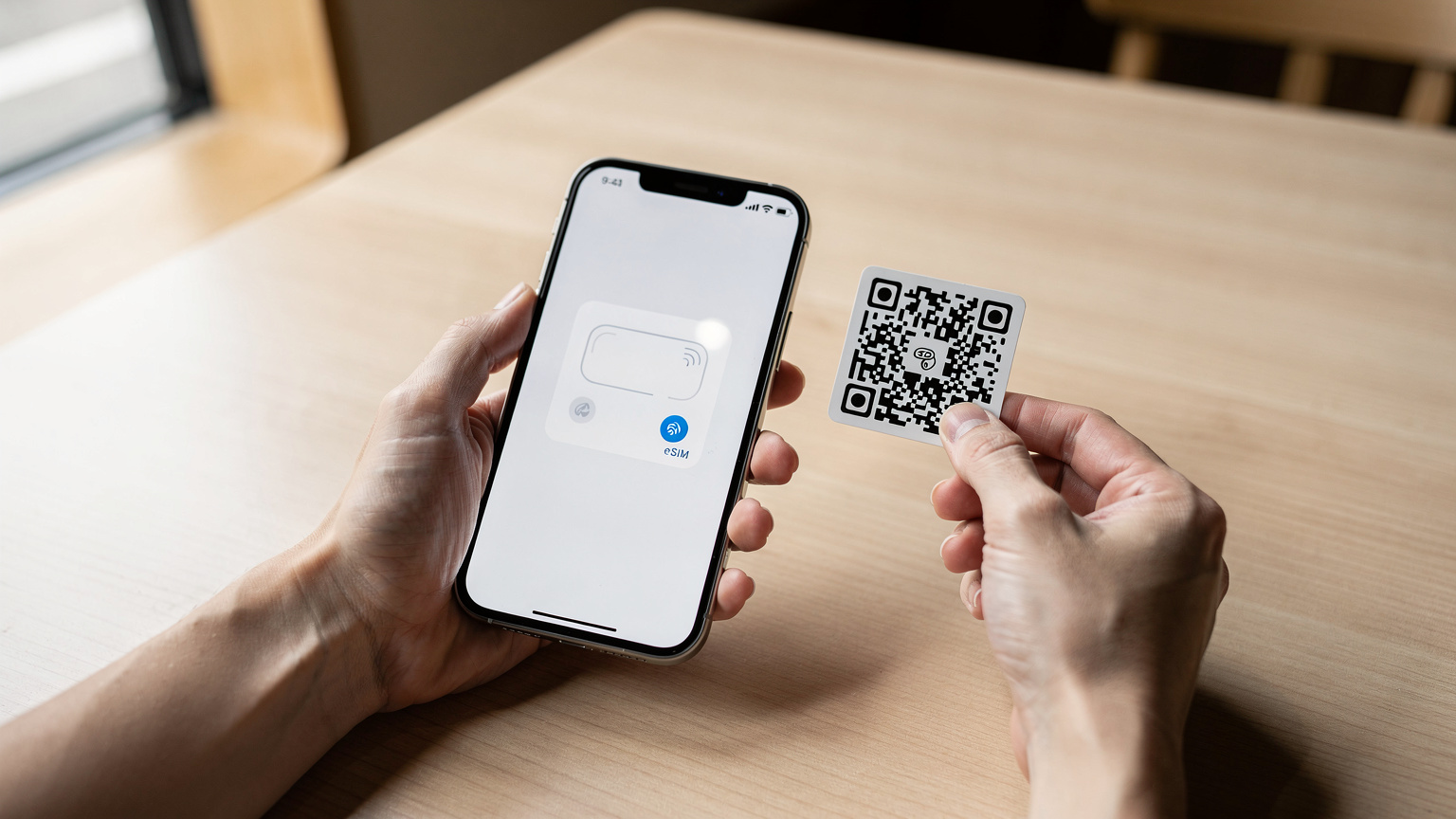 日本人の手がiPhoneの設定画面でeSIMのQRコードをスキャンしている様子。