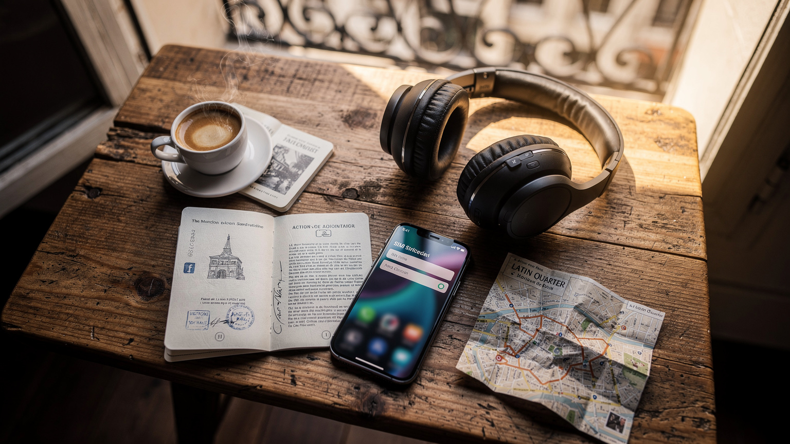 An overhead flat-lay shot on a rustic wooden table featuring a passport, a smartphone displaying a Cellesim eSIM activation screen, a pair of worn travel headphones, and a small, crumpled paper map of the Latin Quarter in Paris. A steaming cup of espresso is also present, suggesting planning and preparation.