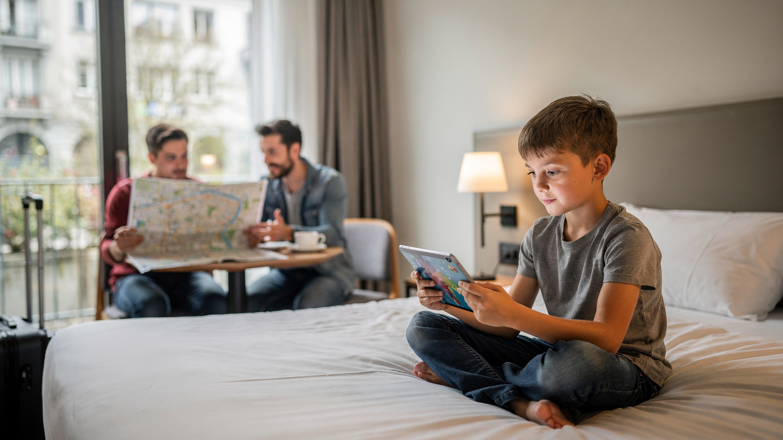 Ein Kind konzentriert sich auf ein Tablet in einem modernen Hotelzimmer in Zürich, während im Hintergrund die Eltern eine Karte studieren. Ein großes Fenster lässt weiches Tageslicht in den Raum fallen.