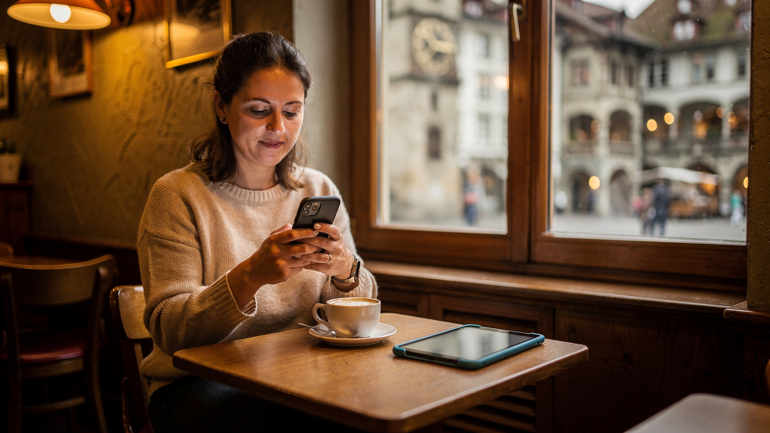 Eine Mutter sitzt entspannt in einem traditionellen Schweizer Café in Bern, nippt an einem Kaffee und stellt auf ihrem Smartphone die Bildschirmzeit-Einstellungen für das iPad ihres Sohnes ein, das auf dem Tisch liegt. Im Hintergrund ist die historische Altstadt von Bern zu erkennen.