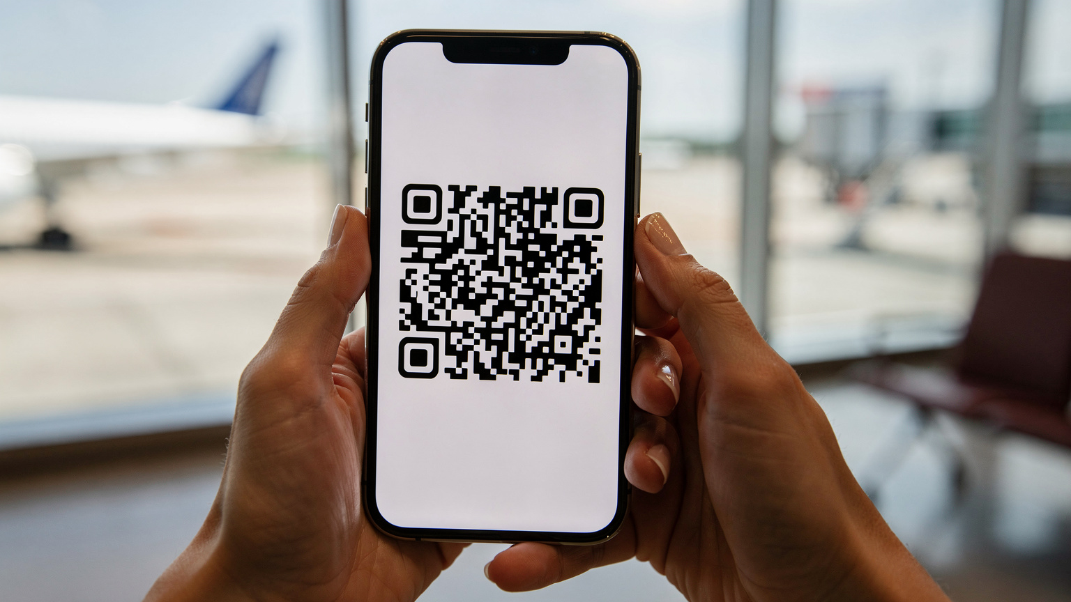 Крупний план рук, що тримають смартфон, на екрані якого відображається QR-код для активації eSIM, на задньому плані видно силуети літаків у аеропорту.
