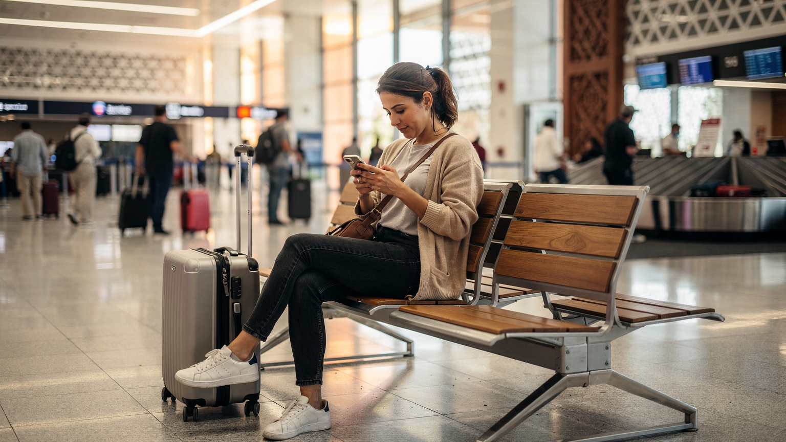 Een reiziger activeert haar eSIM op haar smartphone terwijl ze wacht in de aankomsthal van Marrakech Menara Airport, omringd door andere reizigers.