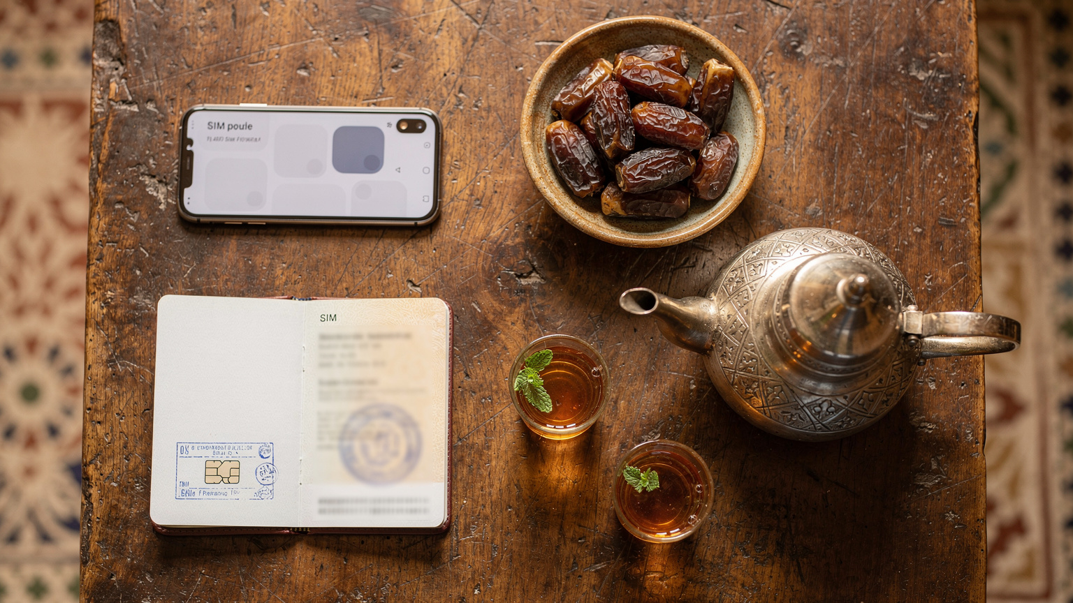 Een overhead shot van een houten tafel met een paspoort, smartphone met een eSIM-profiel, een kom met Marokkaanse dadels, en een traditionele theepot, in een warme, uitnodigende setting.