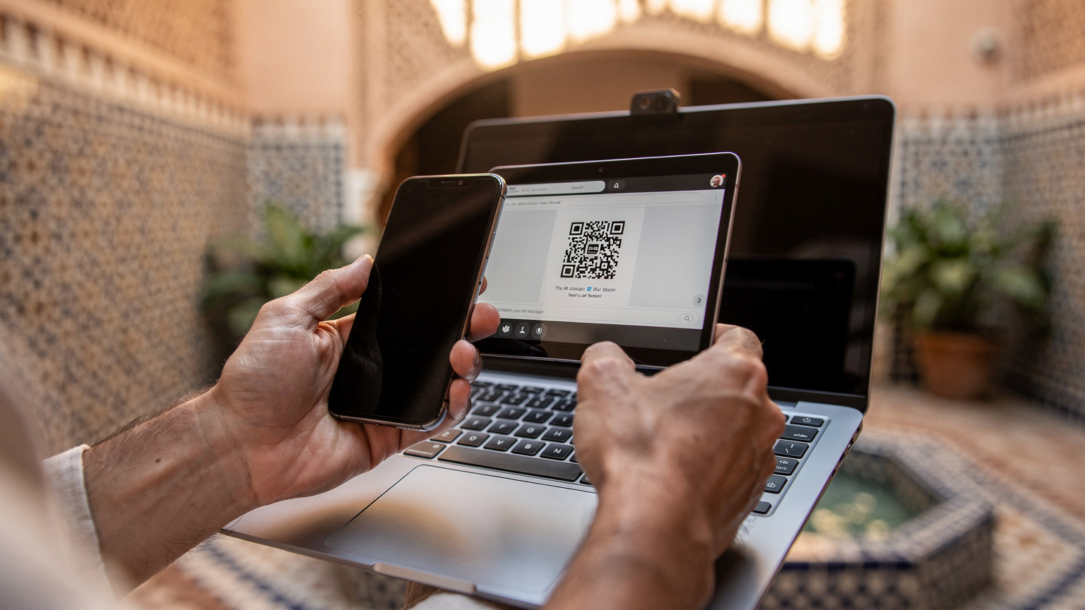 Close-up van handen die een smartphone vasthouden en een QR-code scannen van een e-mail op een laptop, in de setting van een gezellige riad binnentuin in Fes.