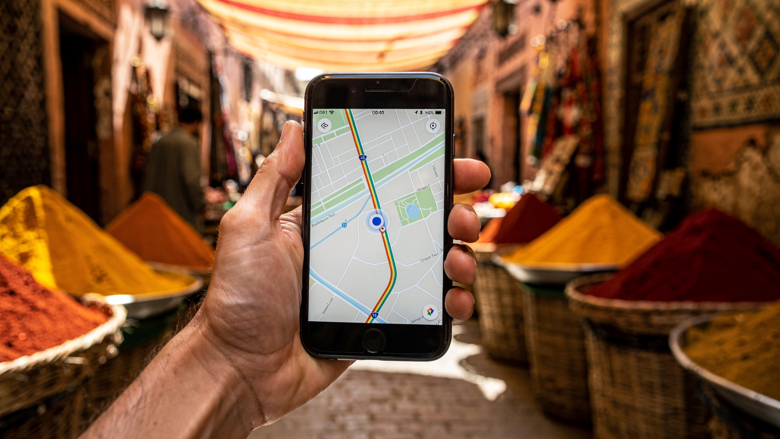Een hand houdt een smartphone met de Google Maps-app open, wijzend naar een bestemming in de medina van Marrakech, met kleurrijke kruidenstalletjes op de achtergrond.