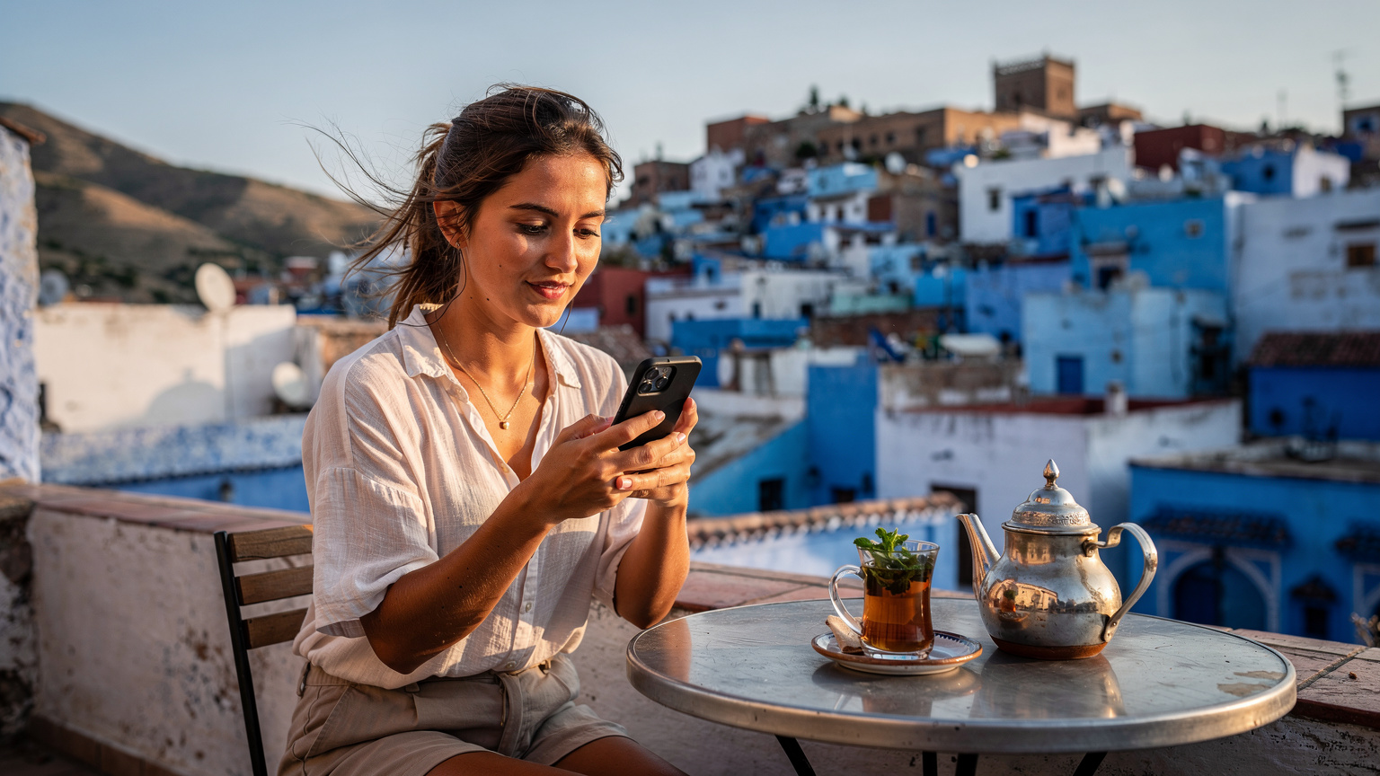 Een toerist checkt de mobiele dekking op haar telefoon terwijl ze thee drinkt op een terras in de oude medina van Chefchaouen, met de blauwe gebouwen op de achtergrond.