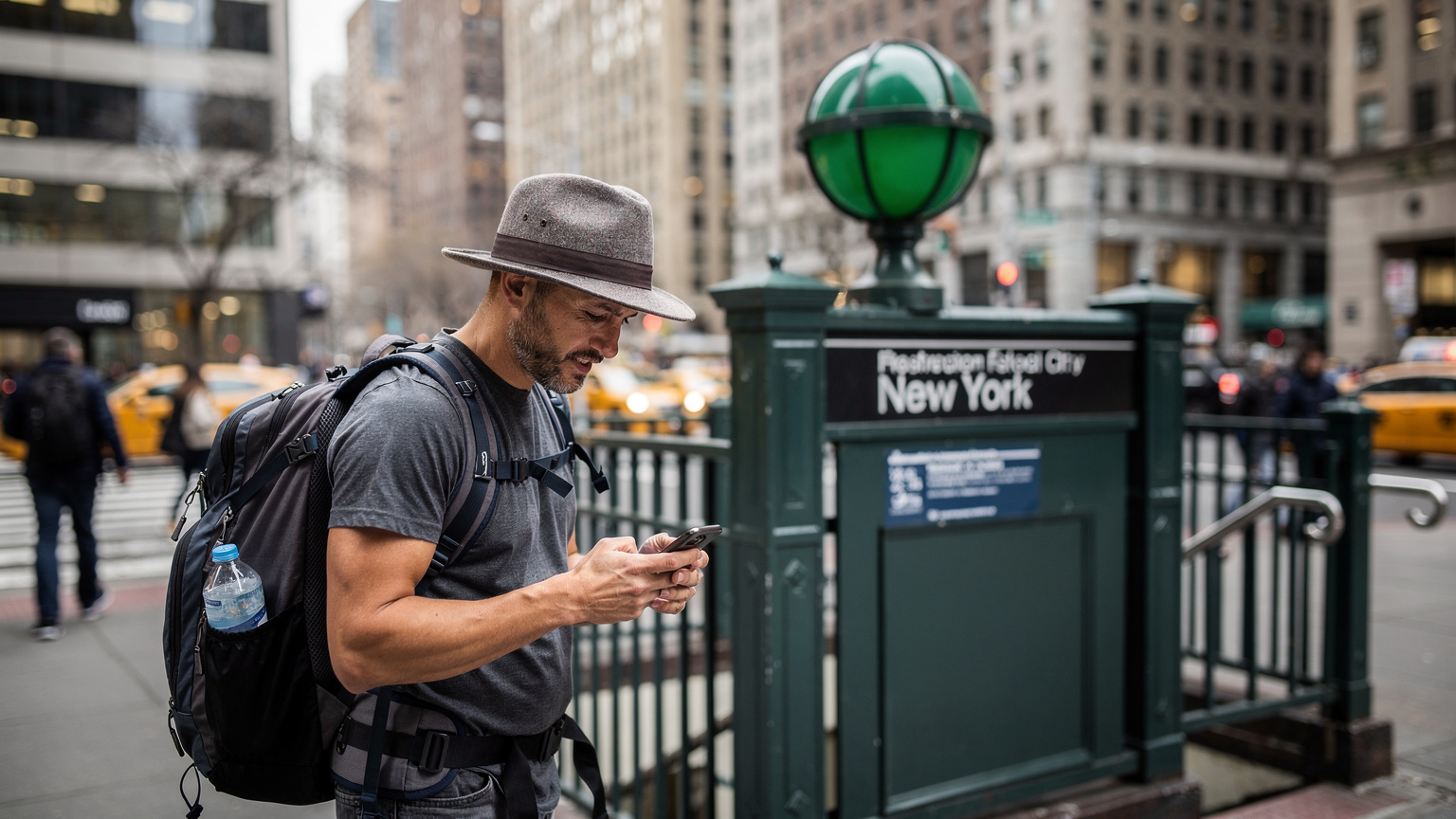 Cestovatel s batohem a kloboukem stojí před vstupem do stanice metra v New Yorku a zmateně se dívá na svůj telefon, snažíc se najít signál nebo navigační instrukce. Vyjadřuje mírnou frustraci z nedostatku konektivity.