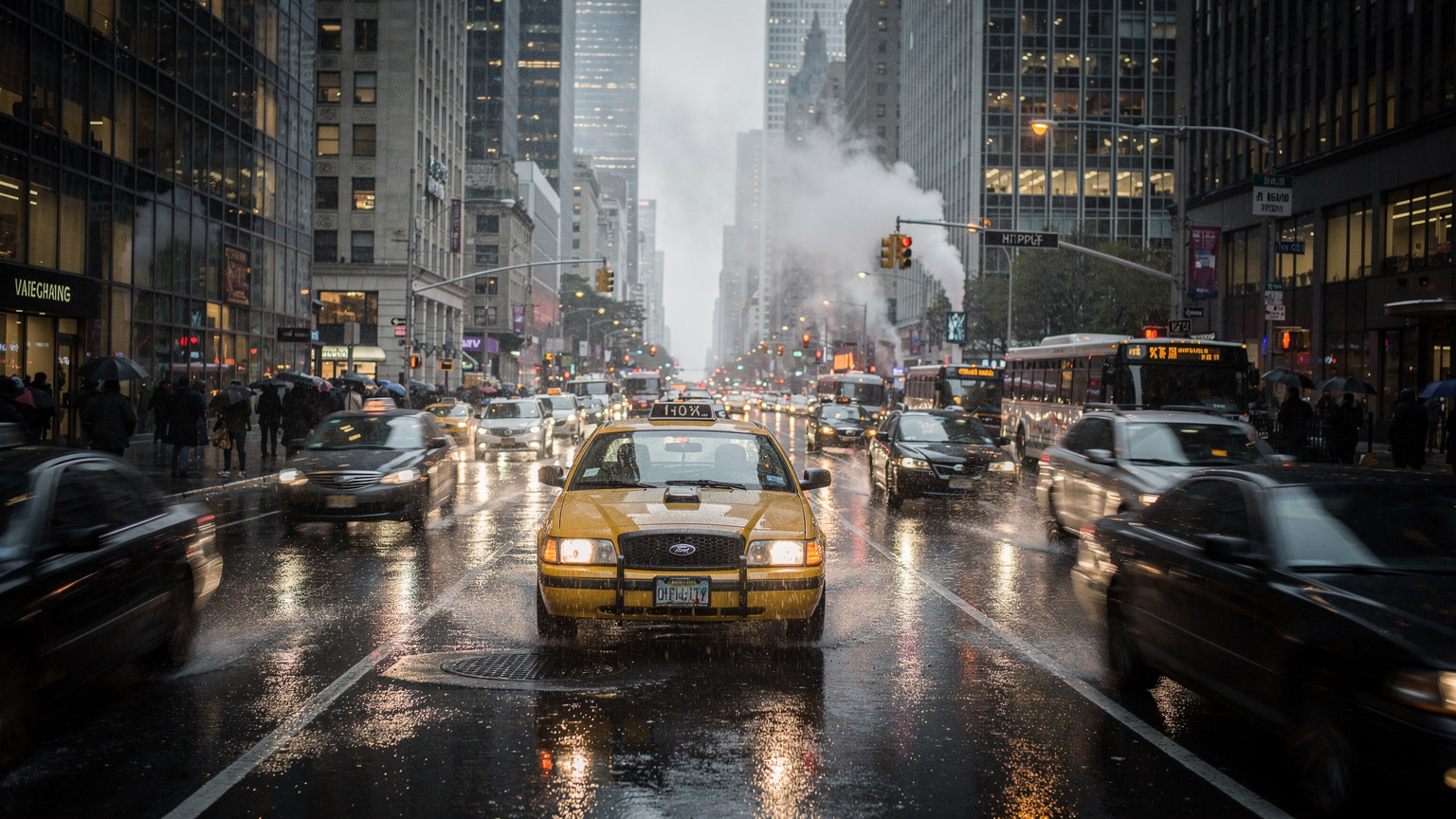 Newyorský taxík v hustém provozu na ulici Manhattanu, s pozadím mrakodrapů. Atmosféra velkoměsta, s mírně deštivým počasím, které dodává lesk povrchům.