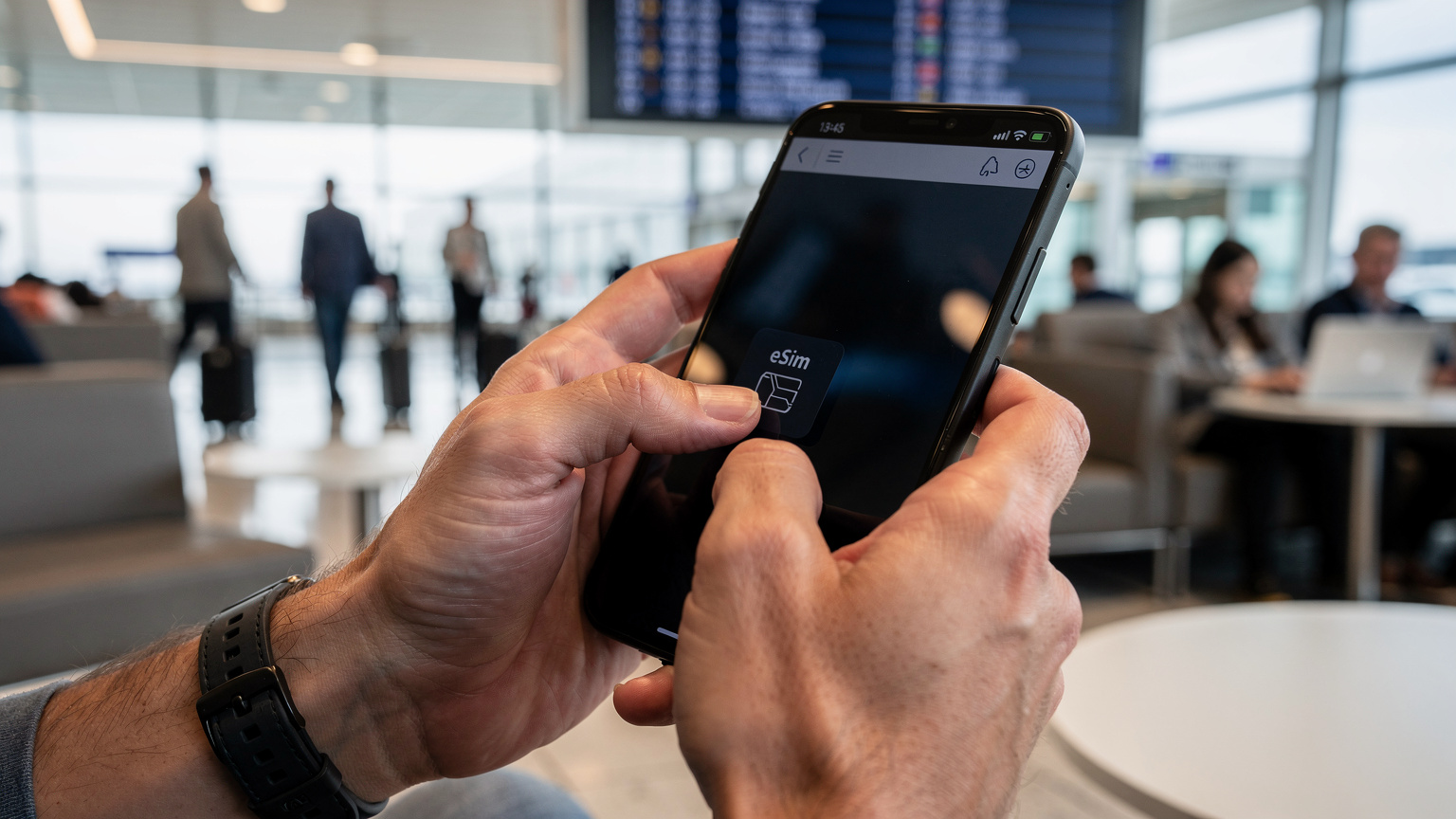Detailní záběr rukou cestovatele, který na svém smartphonu s eSIM aktivuje datový balíček přes aplikaci Cellesim, s rozmazaným pozadím interiéru letiště JFK.