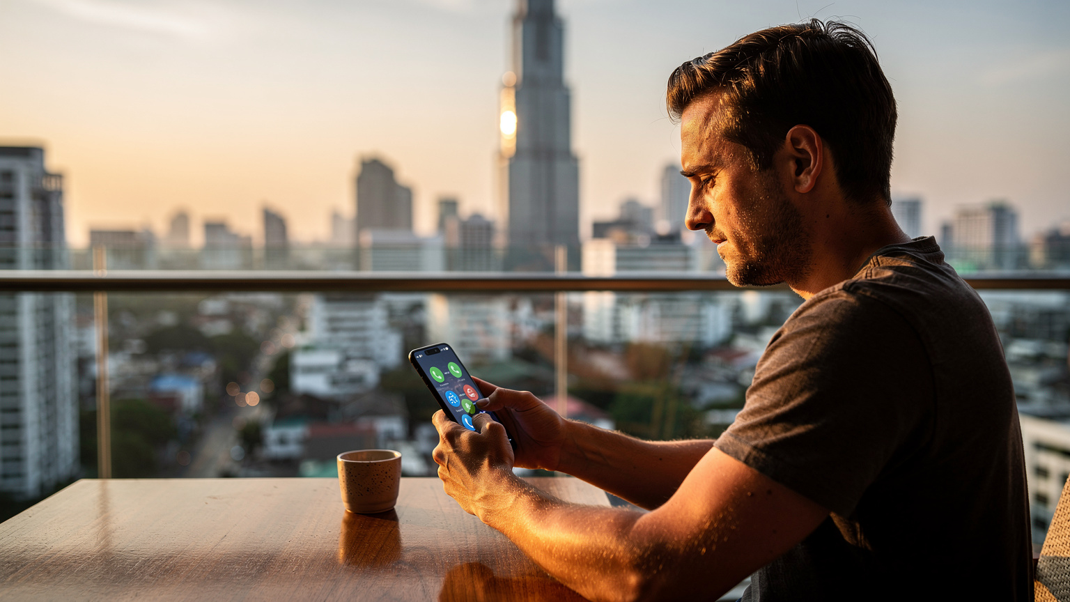 Un homme tenant un smartphone avec un écran affichant les icônes d'applications de messagerie, assis à une table en teck devant une vue panoramique sur la ville de Bangkok au lever du soleil.