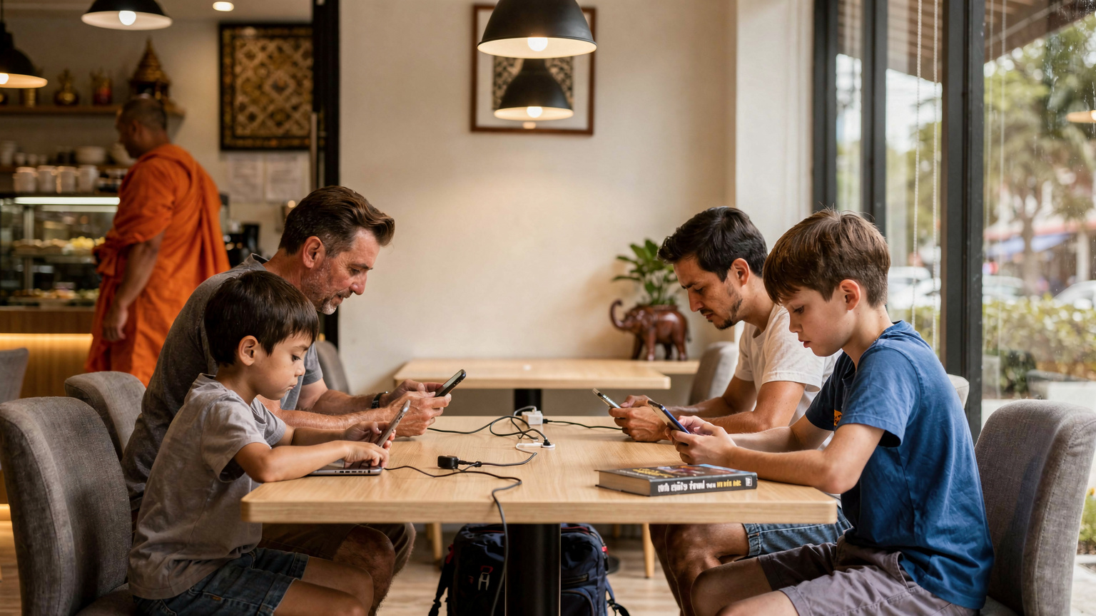 Une famille est assise à une table dans un café confortable de Bangkok, utilisant le Wi-Fi gratuit pour télécharger des films sur leurs tablettes avant de partir en excursion. Un moine bouddhiste passe discrètement en arrière-plan.