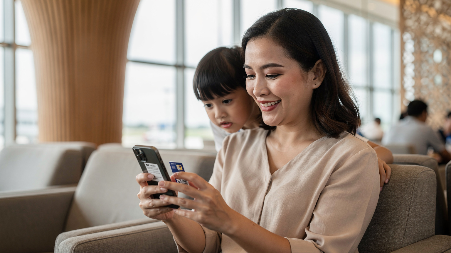 Une mère souriante active une eSIM sur son smartphone en scannant un code QR, tandis que son enfant curieux regarde par-dessus son épaule, dans le hall d'un aéroport thaïlandais lumineux avec des éléments architecturaux locaux.