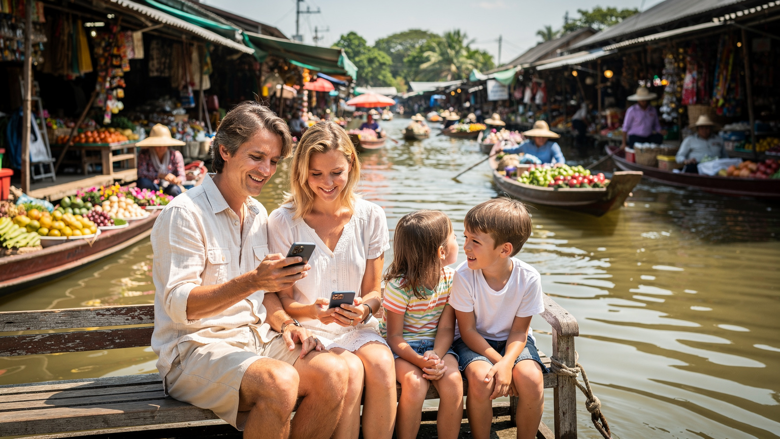 Une famille assise sur un banc en bois au marché flottant de Damnoen Saduak, en Thaïlande. Le père et la mère consultent leurs smartphones avec une connexion fluide, tandis que les enfants sourient et interagissent avec l'environnement.
