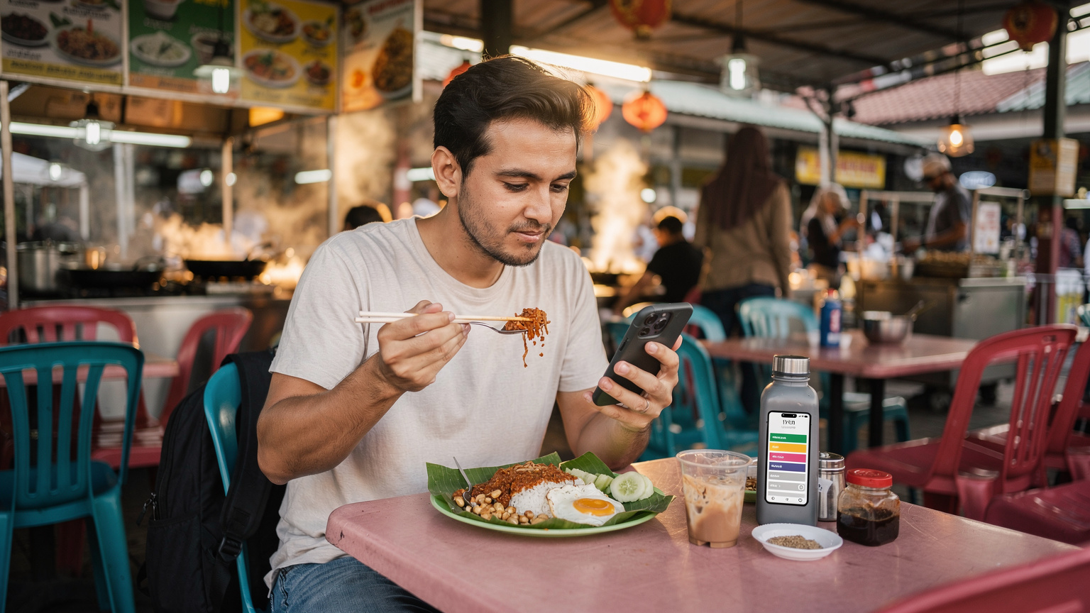Bir dijital göçebe, Kuala Lumpur'daki bir yemek pazarında (hawker center) yerel bir yemek yerken telefonundaki bir eSIM uygulamasından veri kullanımını kontrol ediyor, etraftaki kalabalık ve yerel atmosfer yansıtılıyor.