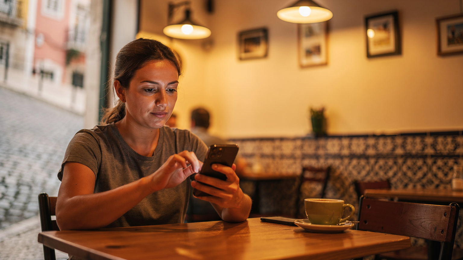 Bir dijital göçebe, Lizbon'daki bir kafede oturmuş, iki farklı eSIM planını karşılaştırmak için telefonundaki Cellesim uygulamasını inceliyor.