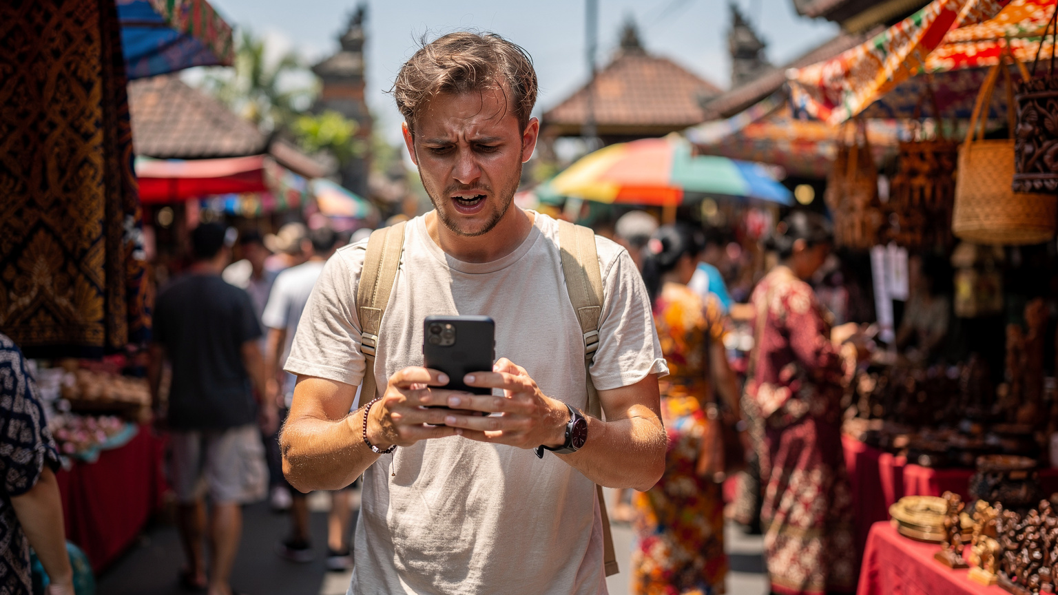 Endonezya'nın Bali adasındaki yoğun bir sokak pazarında, telefonunun şarjı bitmiş veya bağlantısı kesilmiş, çaresiz görünen bir dijital göçebe.