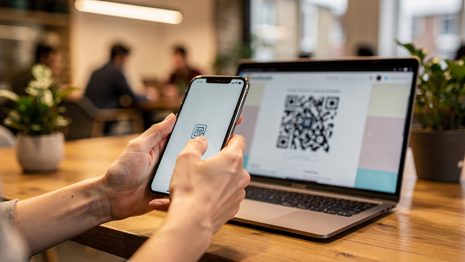 Жена сканира QR код за eSIM активация с телефона си в коуъркинг пространство в Лондон.