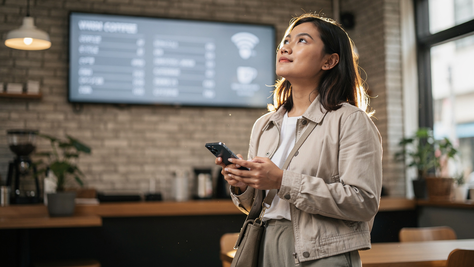 Seorang pengembara sedang melihat papan menu elektronik di sebuah kedai kopi moden di daerah hip Shimokitazawa, Tokyo, sambil memegang Samsung Galaxy S25nya, membuat keputusan tentang pelan data yang sesuai.