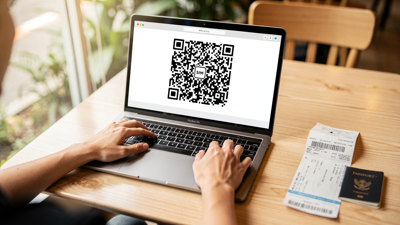 Seorang pengembara sedang melihat kod QR eSIM yang dihantar melalui e-mel pada skrin komputer riba, dengan pasport dan tiket penerbangan di atas meja di sebuah kafe. Mereka bersedia untuk perjalanan antarabangsa.