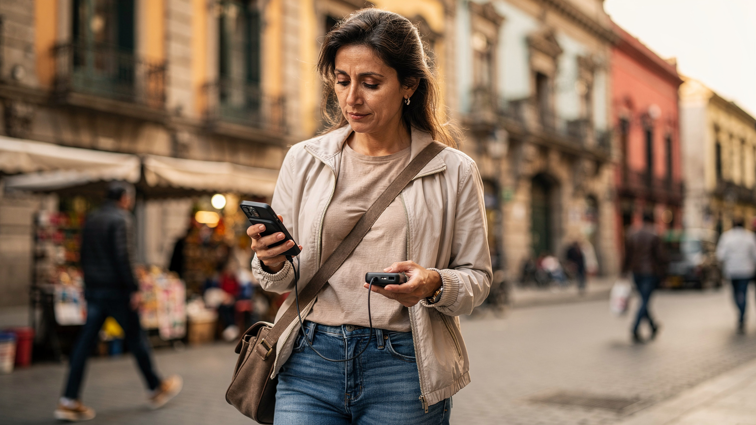 Uma mulher em Santiago, Chile, verifica o nível da bateria de seu smartphone enquanto o carrega com um power bank, com a agitação da cidade e pedestres ao fundo.