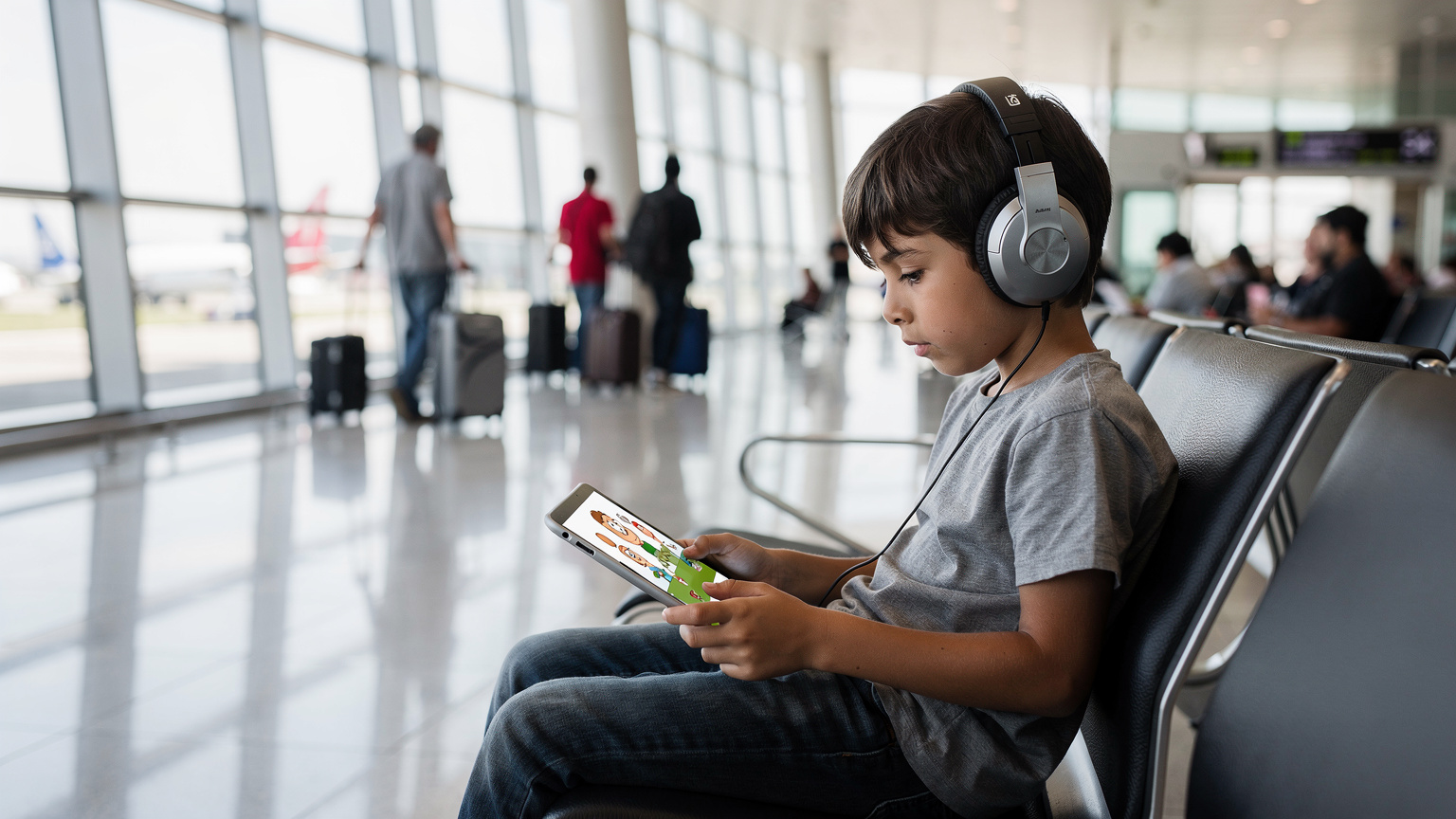 Uma criança usando um tablet com fones de ouvido, assistindo a um desenho animado, enquanto sentada em um banco de aeroporto movimentado no Chile, com outros viajantes e malas ao fundo.