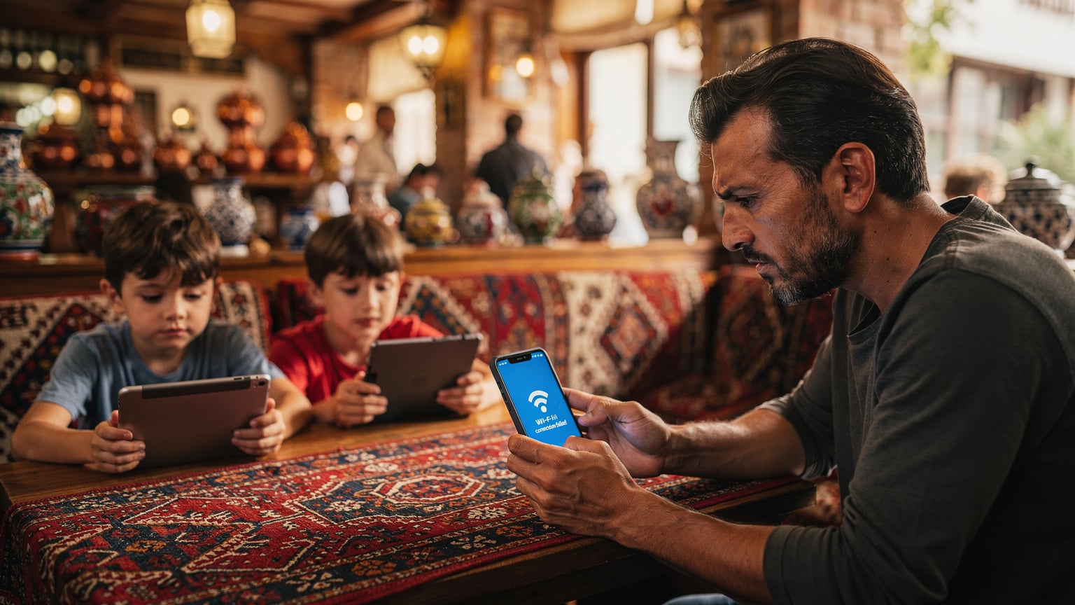 Rodič s deťmi sedí v preplnenej tureckej reštaurácii, deti sa hrajú na tabletoch, zatiaľ čo rodič sa snaží pripojiť na hotelovú Wi-Fi, ale márne. Je vidieť frustráciu na tvári rodiča, zatiaľ čo deti sú zabraté do svojich hier.