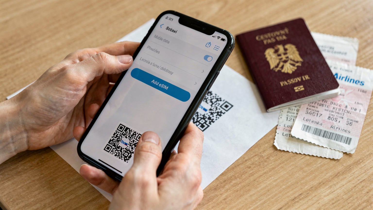 Zblízka záber na ženské ruky držiace smartfón s otvoreným nastavením mobilných dát a druhou rukou skenujúce QR kód z vytlačeného papiera, ktorý leží na stole vedľa pasu a lístkov na lietadlo.